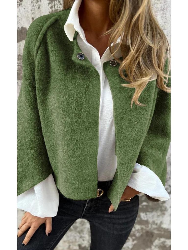 Dámský vlněný kabát z umělého kašmíru - Podzim/Zima, Volný krátký střih, Dlouhé rukávy