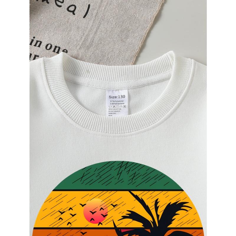 European Sizes Tropical Sunset Palm Trees Birds Sky Gradient Girls' Crew Neck Sweatshirt, Western Top, Long Sleeved, Casual for Little Girls.