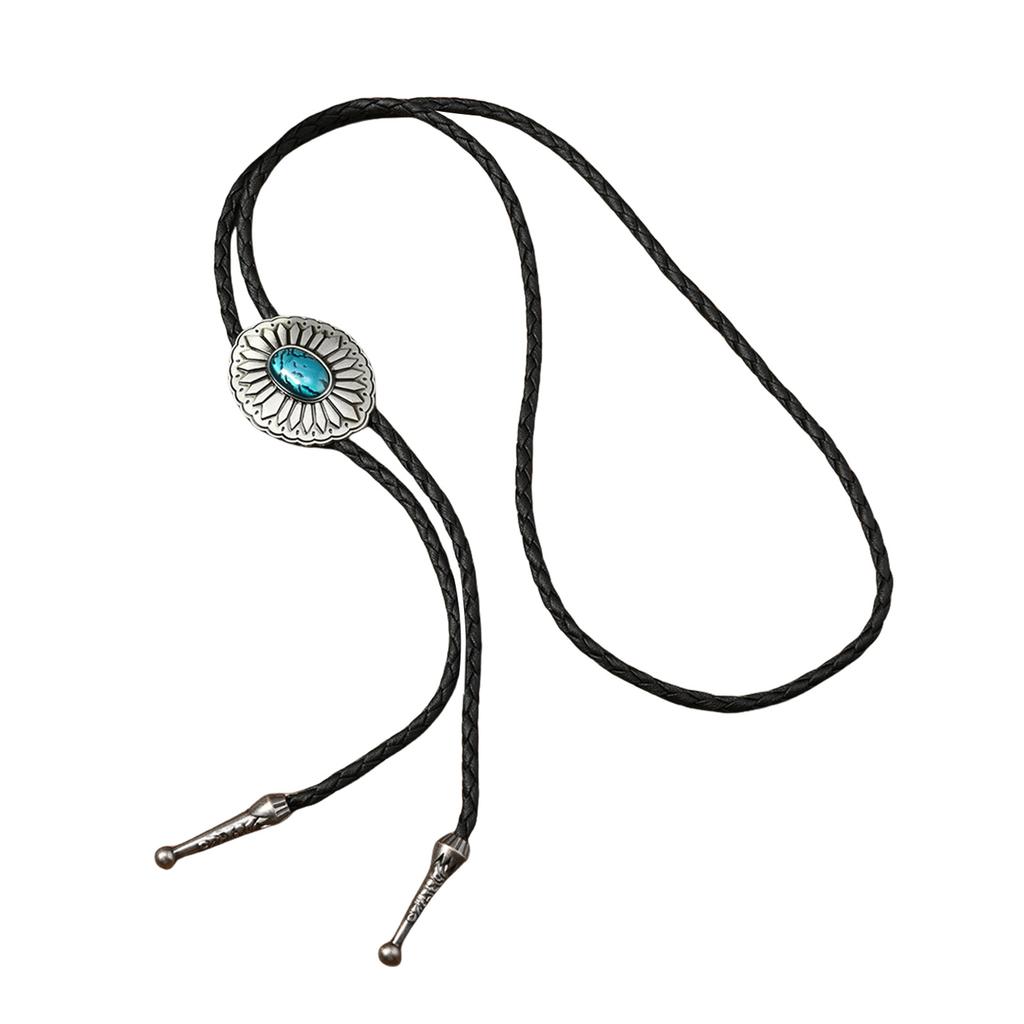 Men's Braided Leather Cord Bolo Tie with Metal Flower Adjustable Chain Necktie Necklace for Western Fashion Enthusiasts