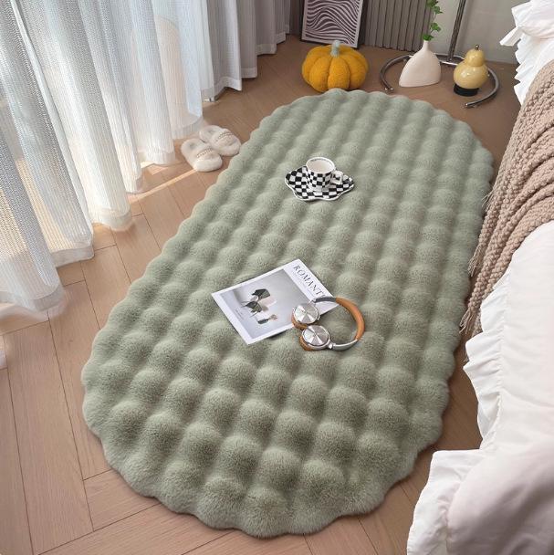 Cream Rabbit Fur Oval Rug - Thick Bubble Velvet Bedroom/Bedside Mat, Coffee Table, Sofa Cushion