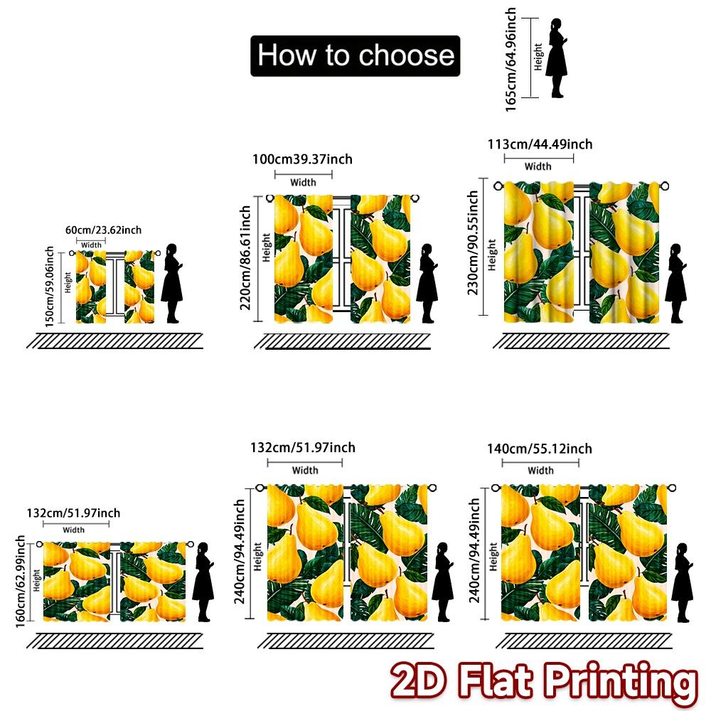 2D FLAT PRINTING 2pcs Curtains (Without Rod) Fresh Pears and Green Leaves New year Festival Fashion Curtains Machine Washable