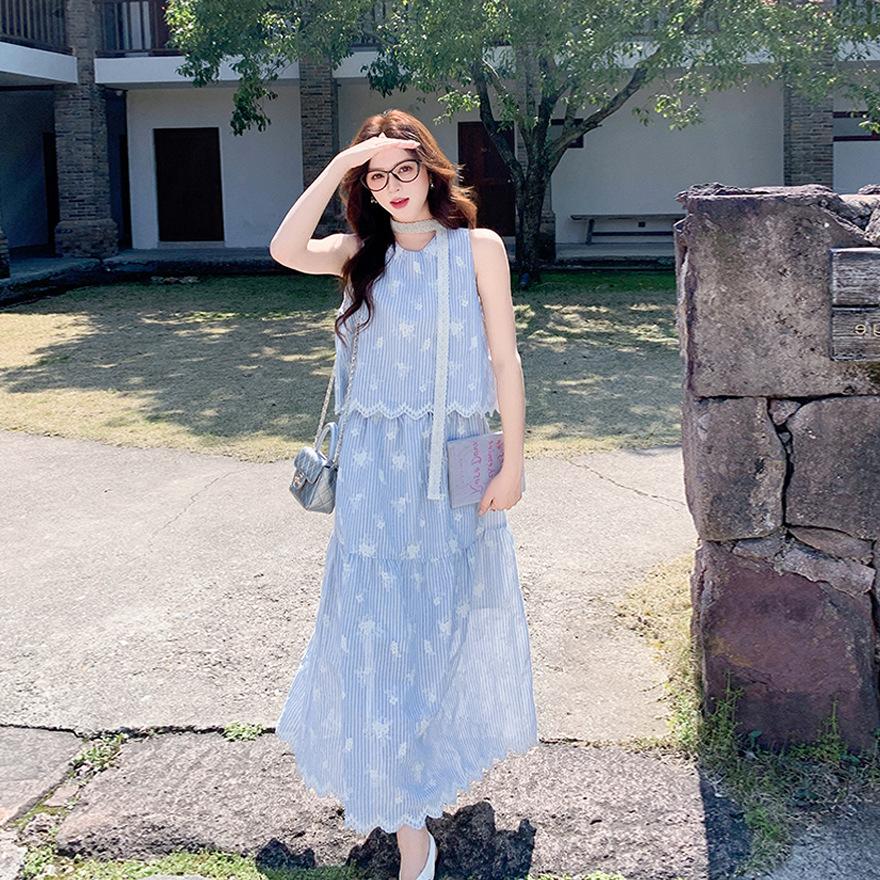 Blue Embroidered Striped Sleeveless Lace Skirt Set Women's Summer New Unique Beautiful Popular Two-piece Set