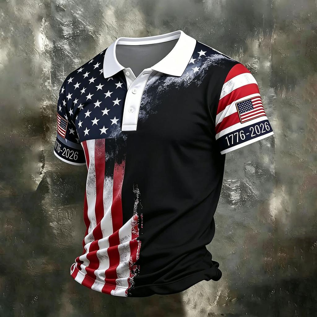 Men's Casual Quick Dry Mesh Golf Polo Shirt Short Sleeve Lightweight Breathable Button Down Top 1776-2026 Flag Print