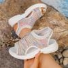 Leichte Damen-Sandalen mit offener Zehenpartie aus Strick-Netzstoff, atmungsaktive Slip-On-Schuhe für den Alltag mit gepolsterter Sohle und flexibler Laufsohle
