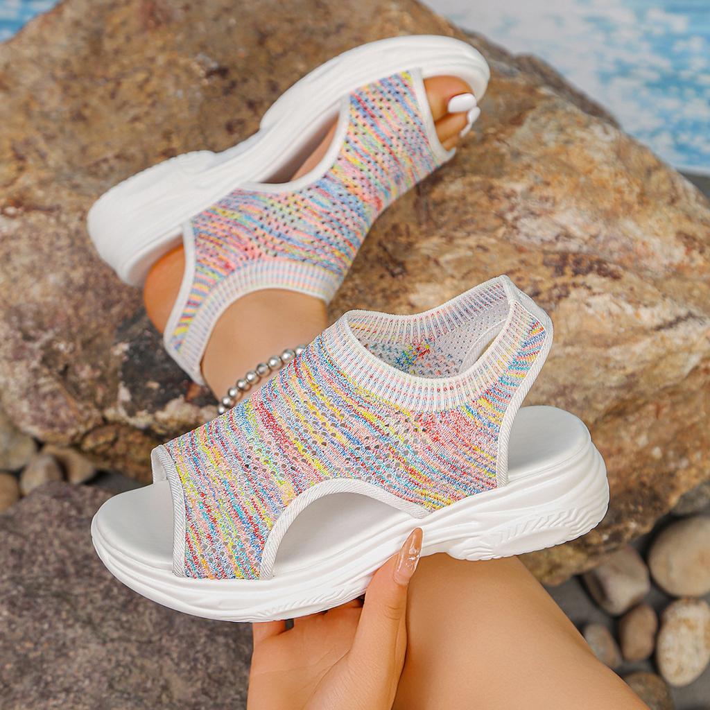 Leichte Damen-Sandalen mit offener Zehenpartie aus Strick-Netzstoff, atmungsaktive Slip-On-Schuhe für den Alltag mit gepolsterter Sohle und flexibler Laufsohle