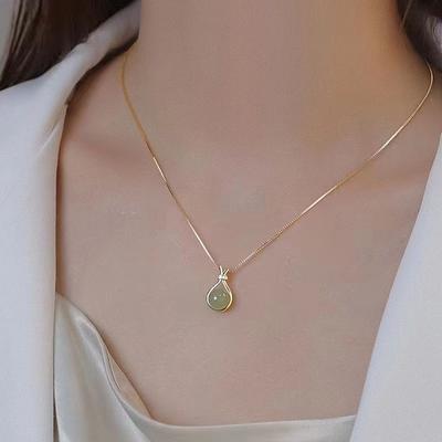 18K Gold Hetian Jade Necklace Metal Non Tarnish  Women Accessories Jewelry