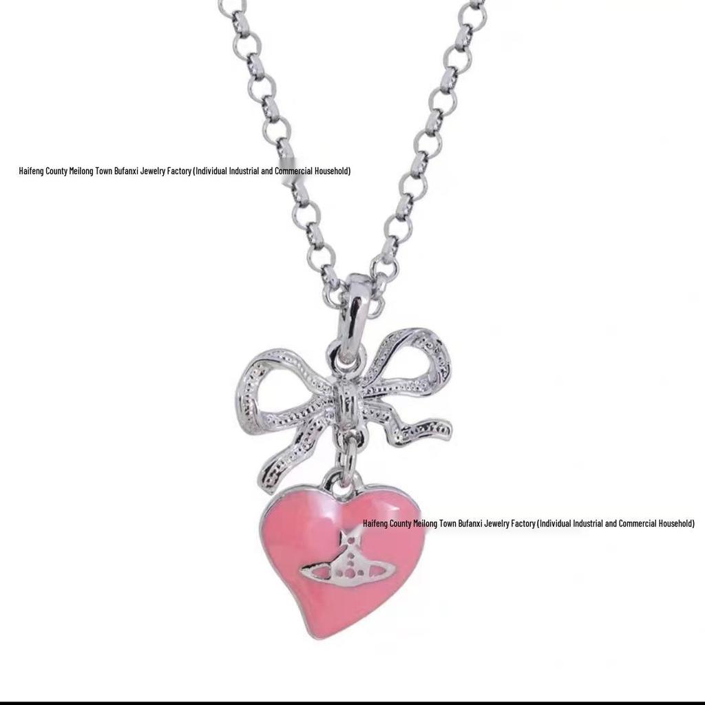 Empress Cixi Pink Bow Lacquered Saturn Necklace: Luxurious Punk-Style Clavicle Chain for Women