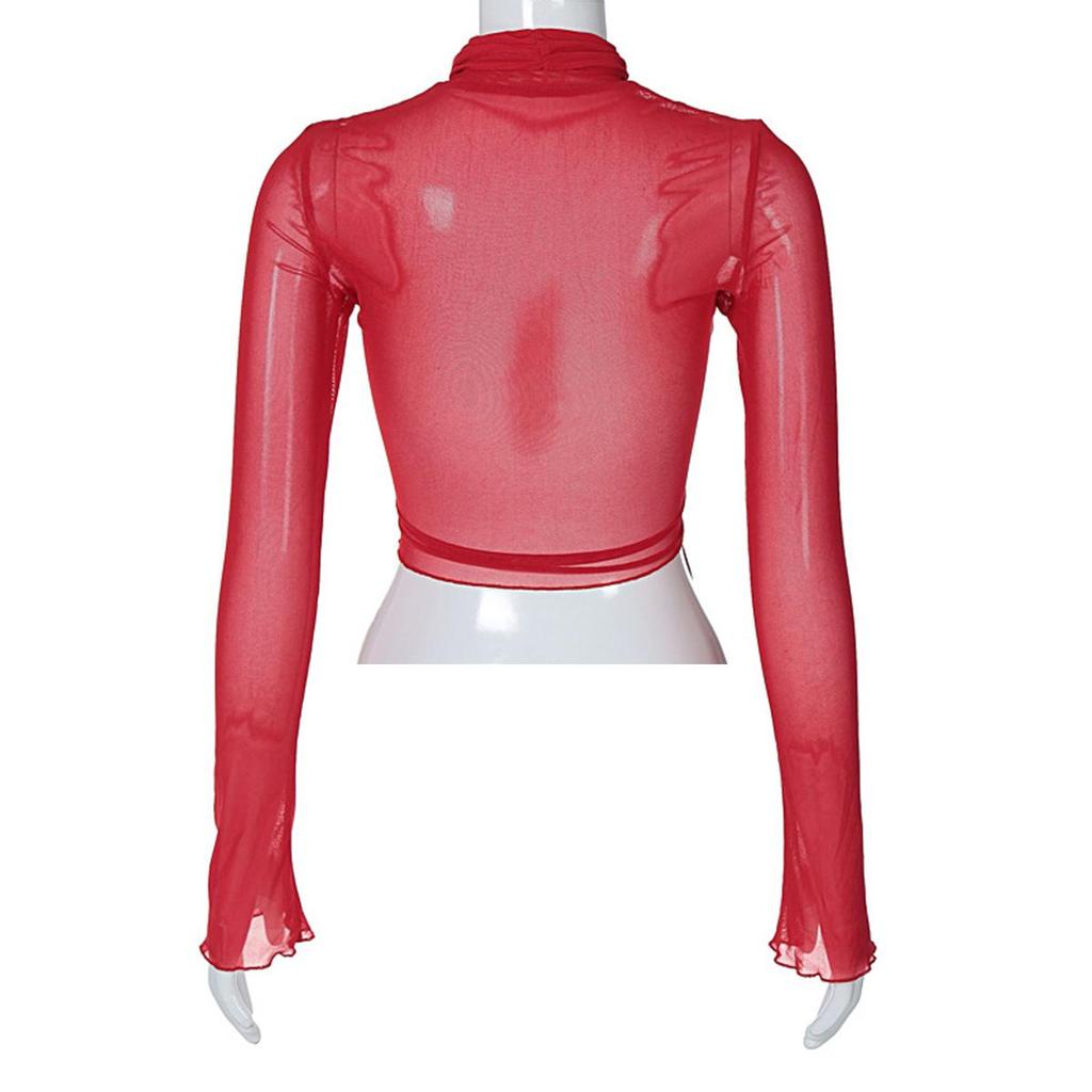 2025 Frühling Mode Mesh Rollkragen Langarm Rot Drapierter Verband Sexy Durchsichtiges Crop T-Shirt Top Streetwear Club