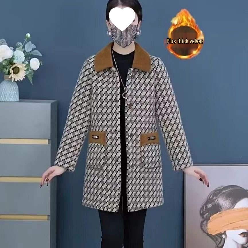 Autumn & Winter Fashionable Mid-Length Plaid Coat for Middle-Aged and Elderly Women