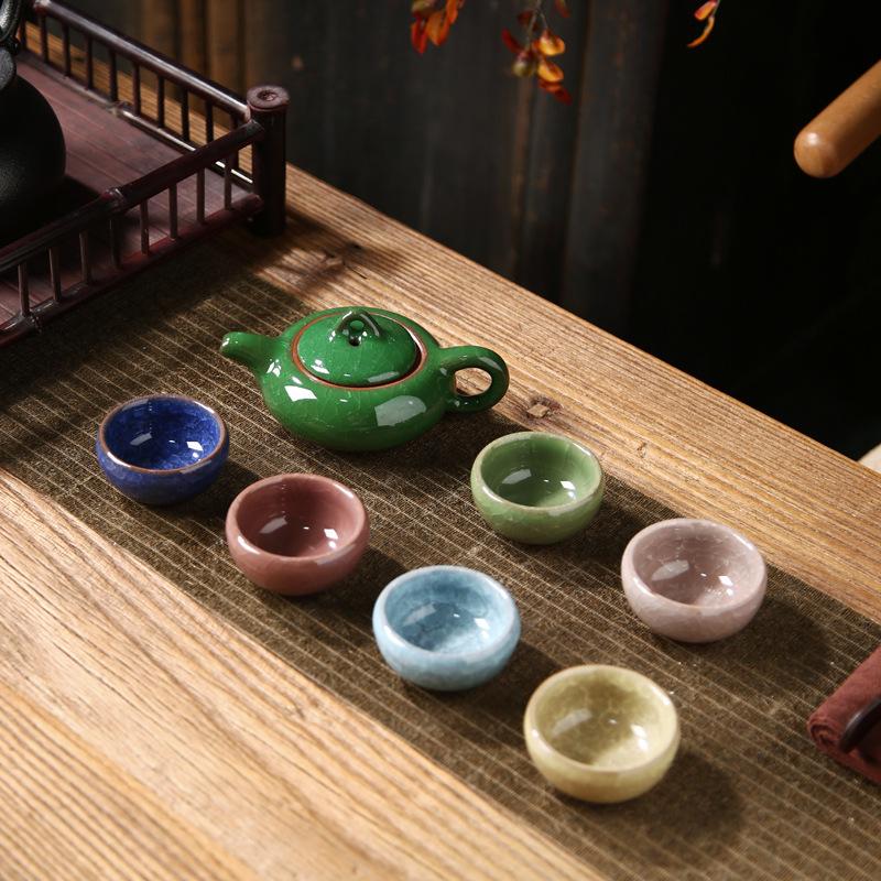 Colorful ice crack teapot opening kung fu ceramic tea set business event opening gift printing complete set of teacups