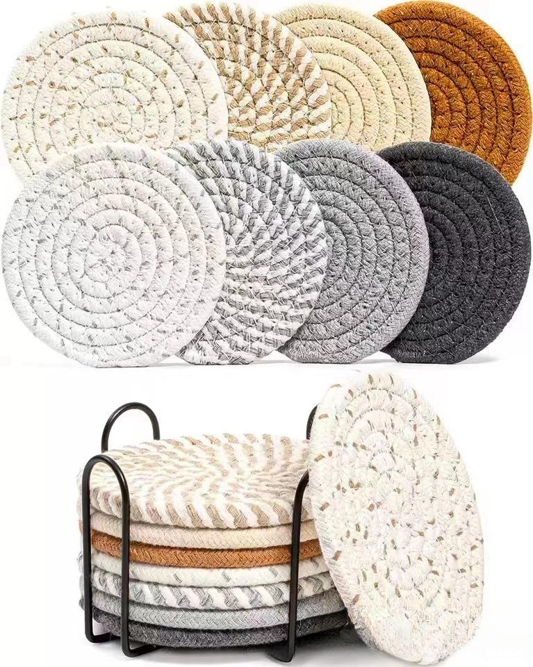 8pcs Handwoven Coasters Made of Cotton Absorbent and Heat-resistant Solid Color Nordic Style Coaster for Home Decoration
