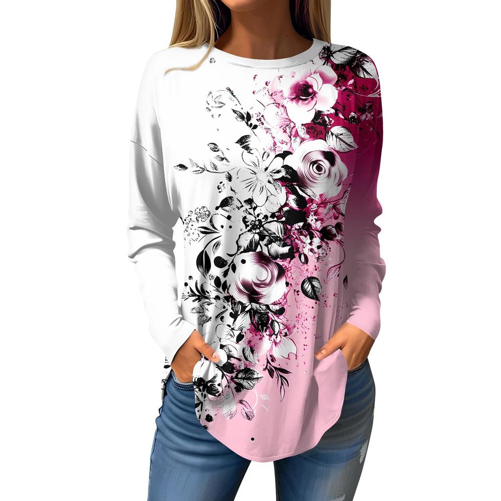 Dames Losse Ronde Hals Print Lange Mouw T-shirt Top Pullover