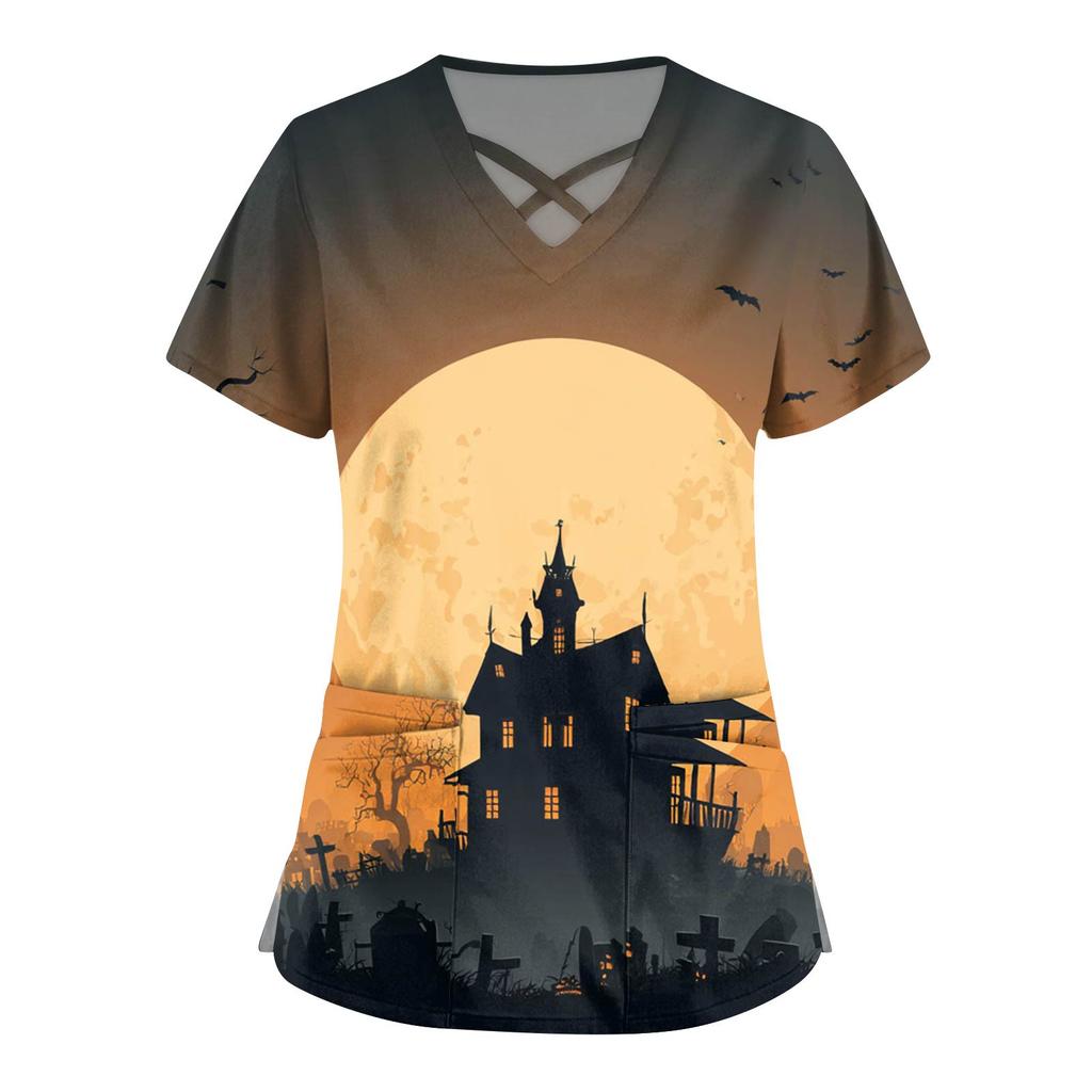 Damenmode V-Ausschnitt Kurzarm Overalls Doppeltasche Halloween Aufdruck Oberteile Bekleidung