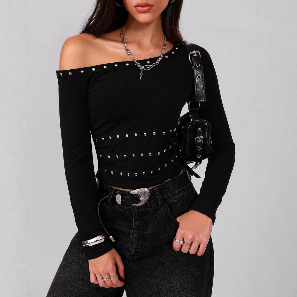 2026 Trendy One-Shoulder Ribbon Stud Slim Fit Top