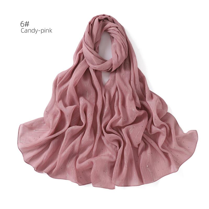 175*70cm Islamism Solid Color Silver Wire Diamond Chiffon Scarf Muslim HIjab Wrinkles Women's Headscarf Shawl Ramadan