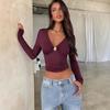 Women's Ruched V Neck Long Sleeve Crop Top Slim Fit Solid Color Party Clubwear Blouse Shirt
