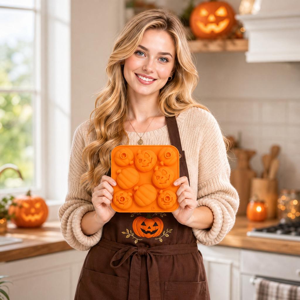 Halloween Silicone - 8 Cavity Pumpkin Shape, Food Grade, Easy Release, Baking for Chocolate Candy Soap