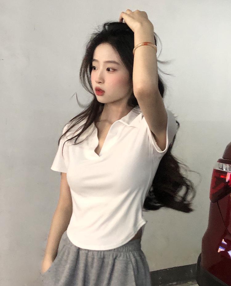 Women's Summer Slim Fit Korean-Style Polo T-Shirt with Ice Silk and Irregular Hem