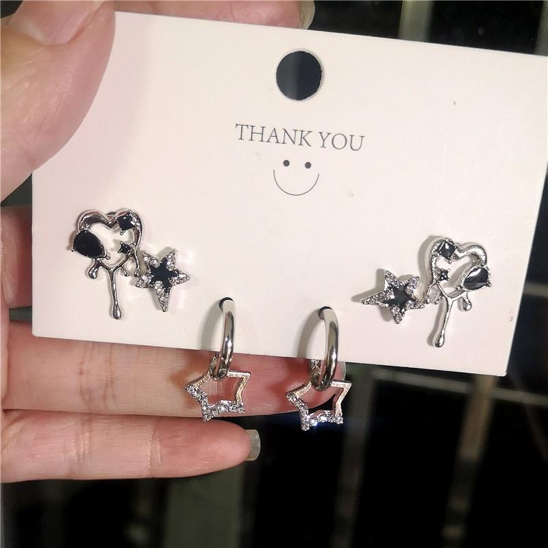 6PCS Black Heart Earrings Set for Women Simple Temperament Ladies Hoop Earrings Holiday Jewelry Gifts