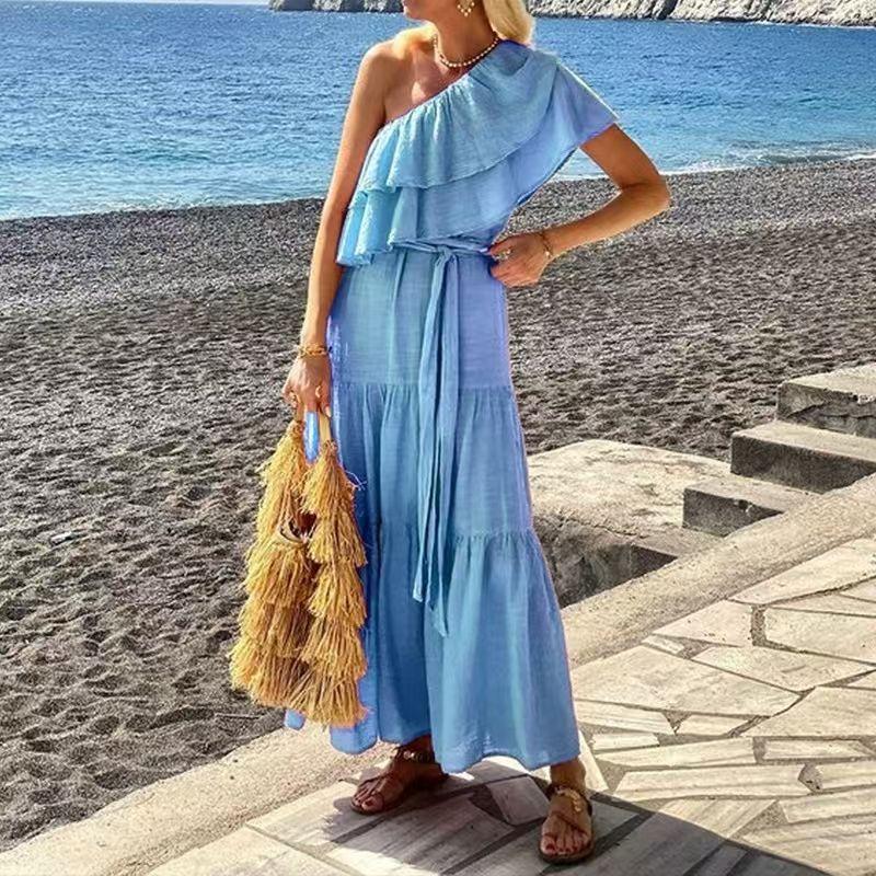 

Fashion Style New Arrival Fashion Slant Shoulder Ruffle Collar Casual Holiday Dress Slant Shoulder Dress Sky Blue M