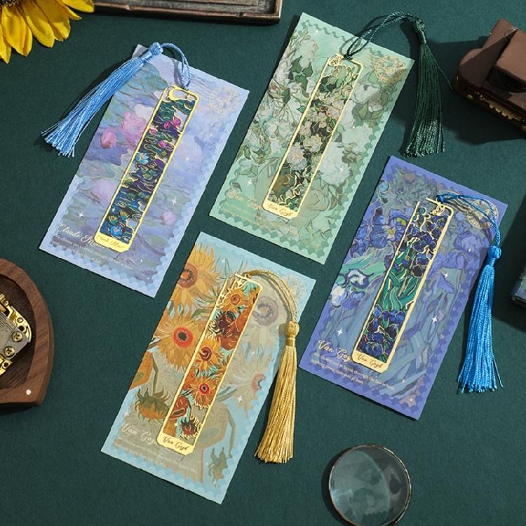 4Pcs Vintage Oil Painting Themed Bookmarks with Tassels Hollow Metal Bookmarks Book Page Marker for Teacher Reader