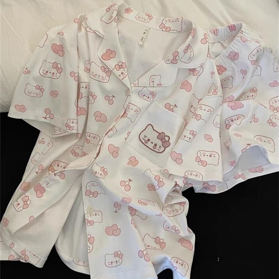 Internet celebrity sweet girl Kitty cat pajamas women's summer short-sleeved shorts cardigan set student ins loungewear