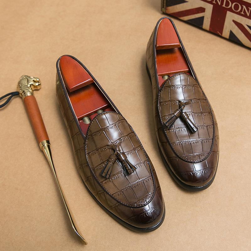 Men s Large Size Tassel Leather Embossed Slip-on Loafers Size 42