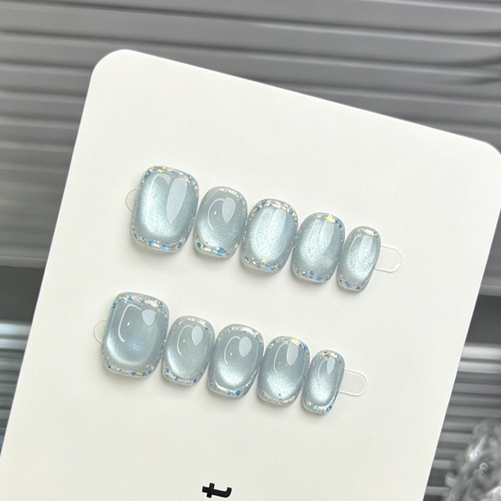 10Pcs Light Blue Cat Eye Short Square Press On Nails Iridescent Glitter Edge Glass Bead Effect False Nails For Women