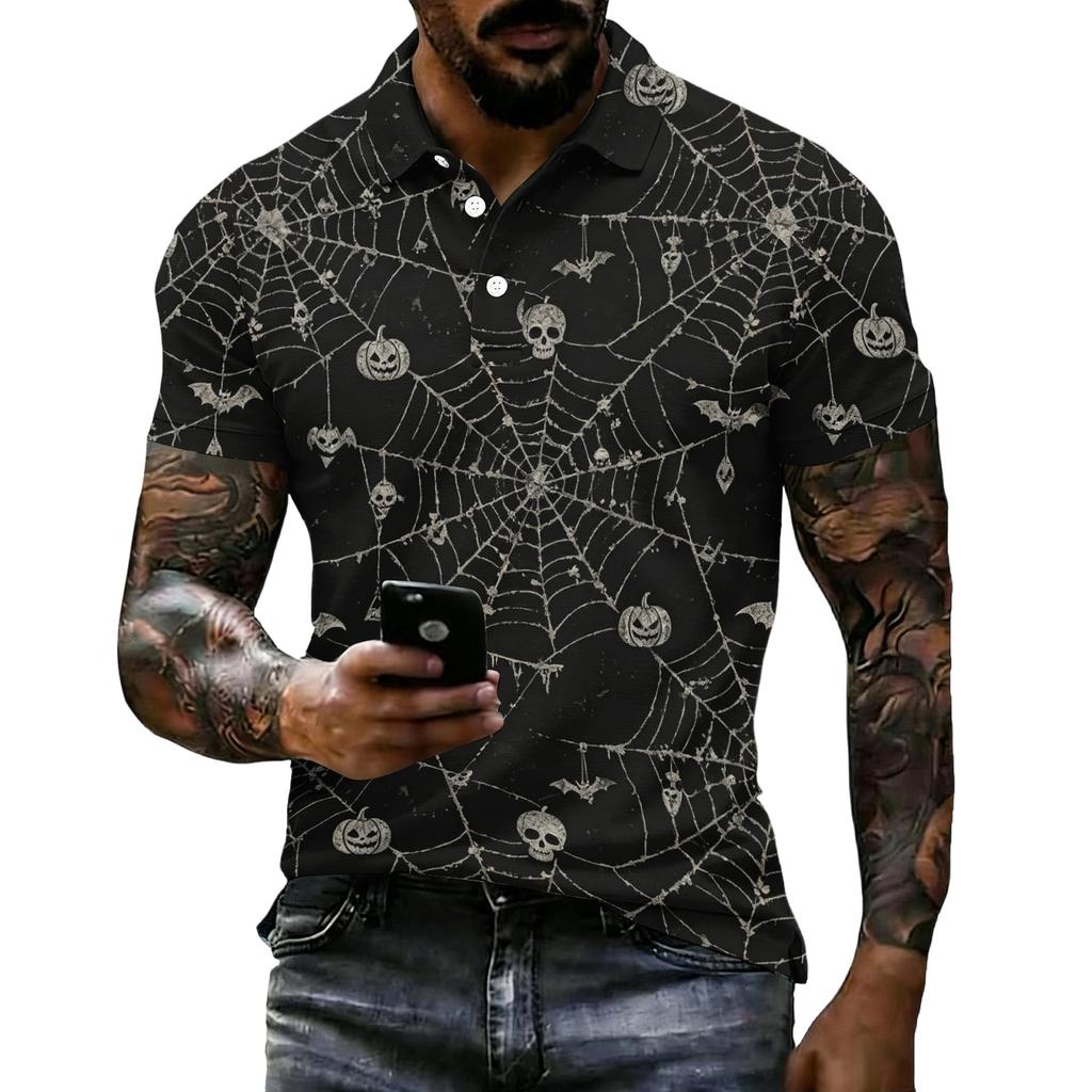 Herren Halloween Print Kurzarm Poloshirt Lockerer Schnitt Lässig Sommer Tägliches Tragen Hemdkragen mit Knöpfen