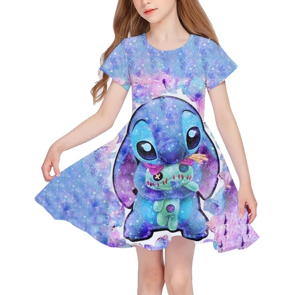 Stitch Summer Girls Skirt Short Sleeved Dress 3d Printed Cartoon Princess Cute Children's Fashion Party Trend Clothing