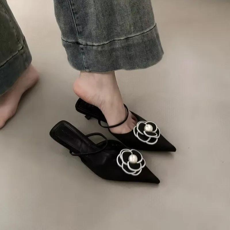 Luxury Pointed Toe Heels Designer Flower Sandals Female Elegant Fashion Shallow Mule Slippers Shoes Women's Sandals Summer 2025