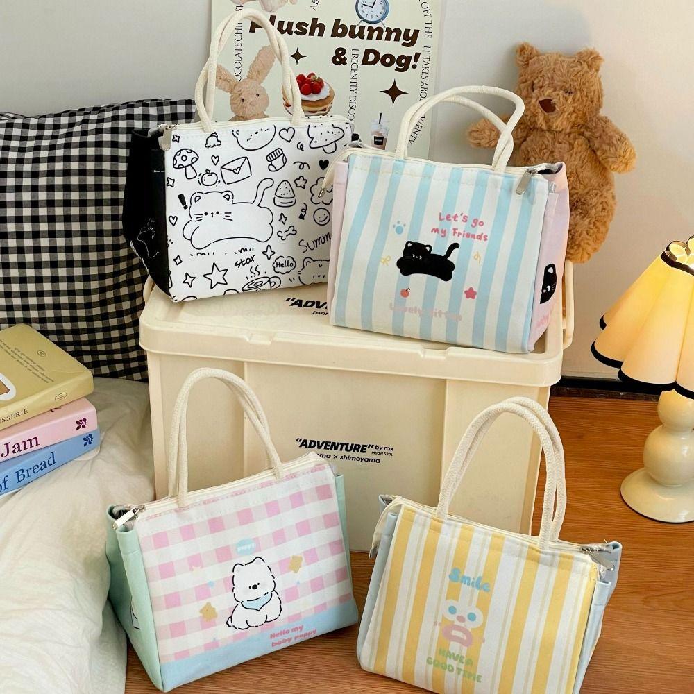 Handheld Cat Thermal Lunch Bag Large Capacity Insulated Lunch Box Bag Canvas Lunch Bag  Office