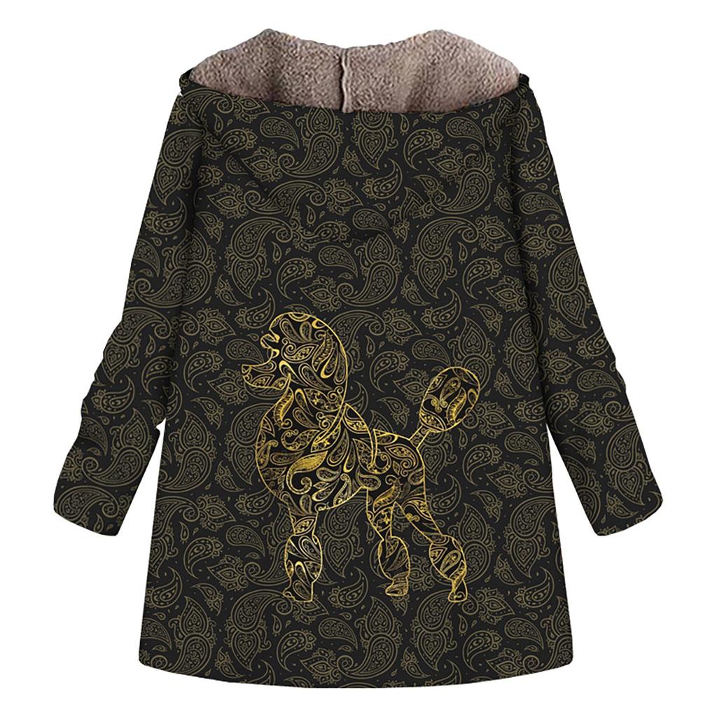 Women's Casual Large Print Zipper Plush Hooded Long Sleeve Coat With Pockets