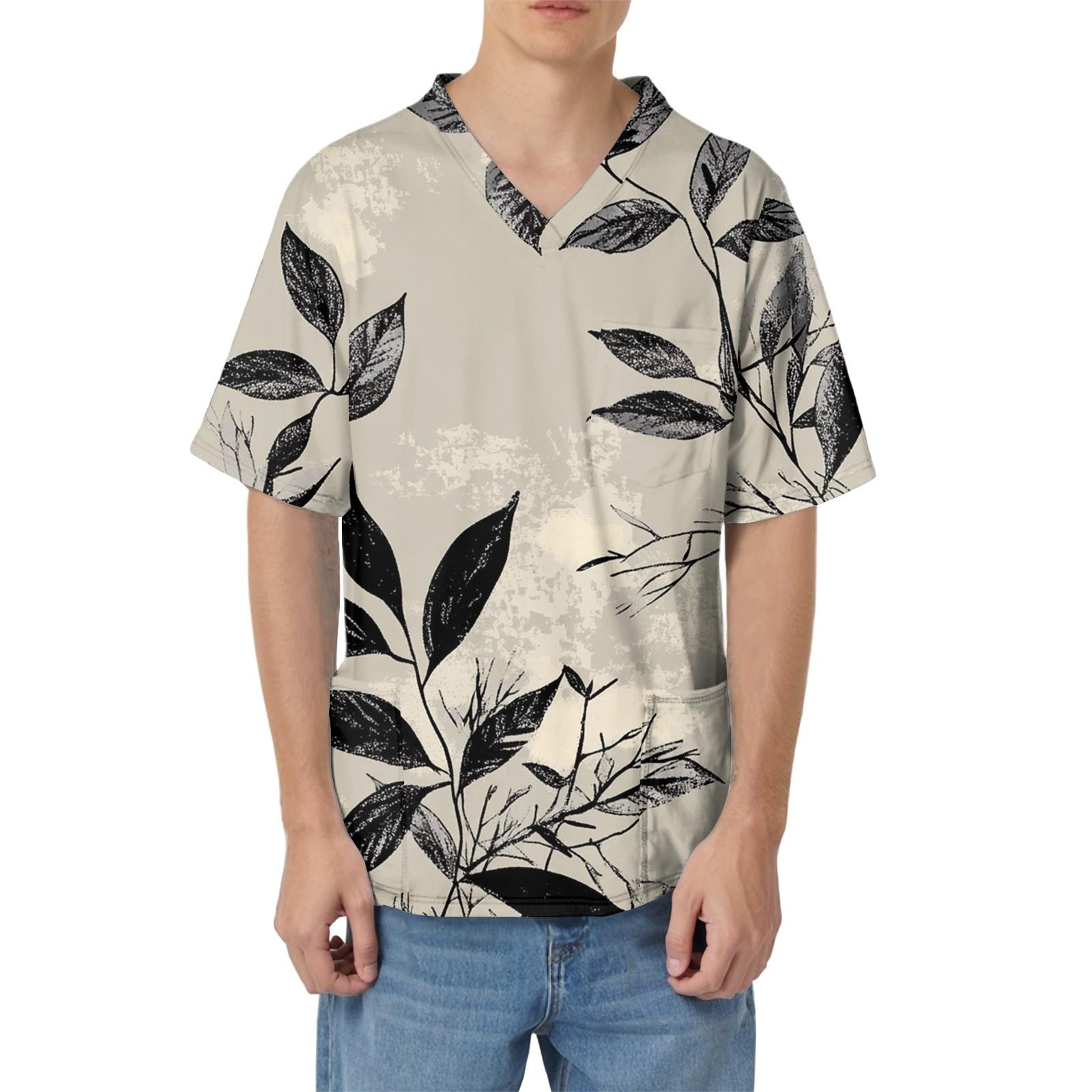 

Men s Printing Short Sleeve V-neck Working Blouse Chest Pocket Carer Top S