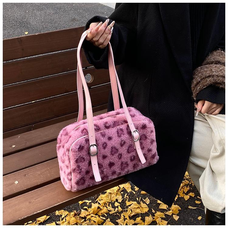 Bolso de felpa de invierno para mujer 2026 nuevo fashi gran capacidad retro fashi estampado de leopardo bolso tote bolso de felpa bajo el brazo bolso de mujer