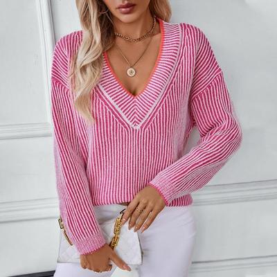 Luźny sweter z dzianiny w paski w stylu vintage, długi rękaw, dekolt w serek, jesień i zima