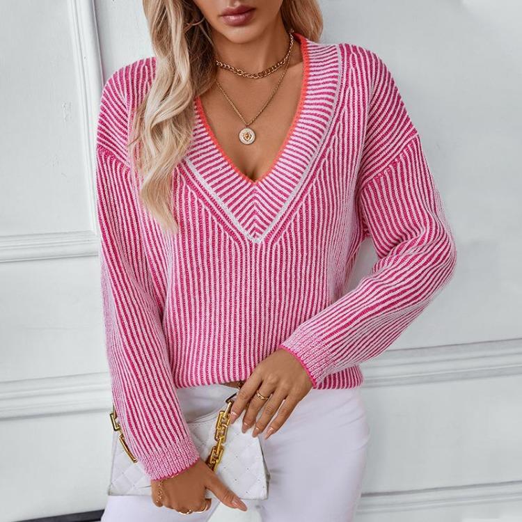 Vintage pruhovaný kardigan volný úpletový svetr dlouhý rukáv V výstřih podzim zima