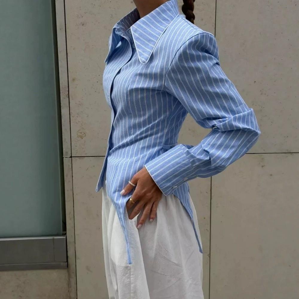Irregular Hemline Stripe Slim Shirt Lapel Collar Women Shirt Casual Long Sleeve Shirt Office Style