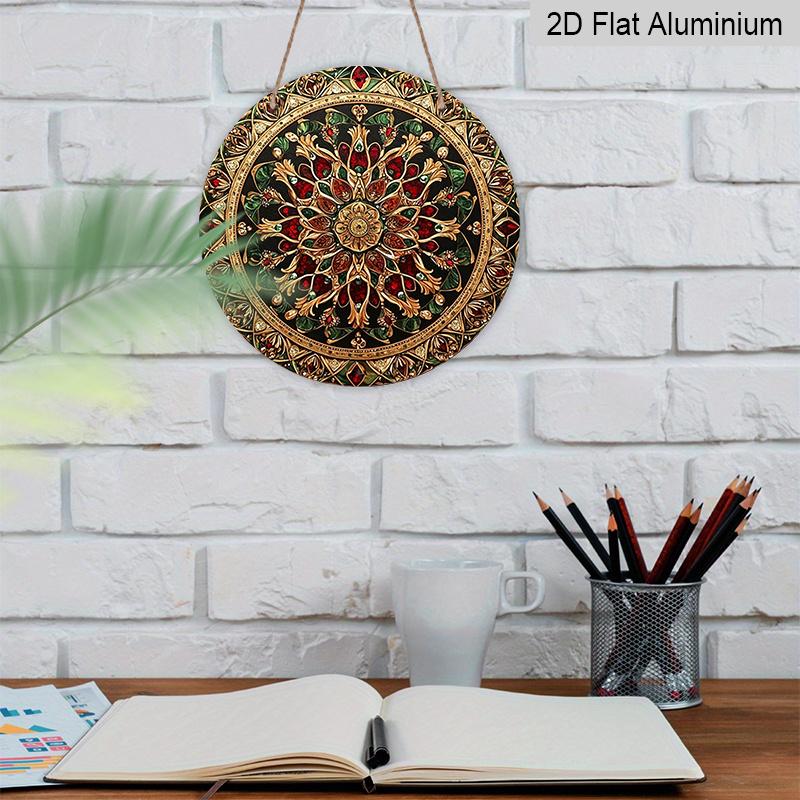2D Flat 1pc, Vintage Gold Red Gem Mandala Floral Ornate Style, Circular Metal Wall Hanging Decor For Farmhouse Living Room Bohemian Porch Indoor
