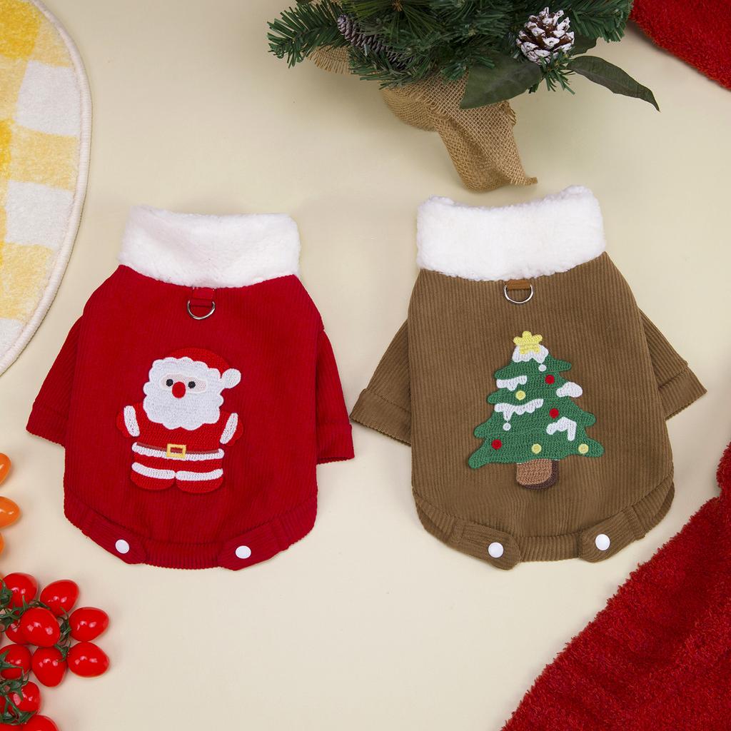 Christmas Corduroy Thickened Warm Small Breed Dog Clothes with Harness Compatible Teddy Bichon Pet Apparel for Winter Holiday