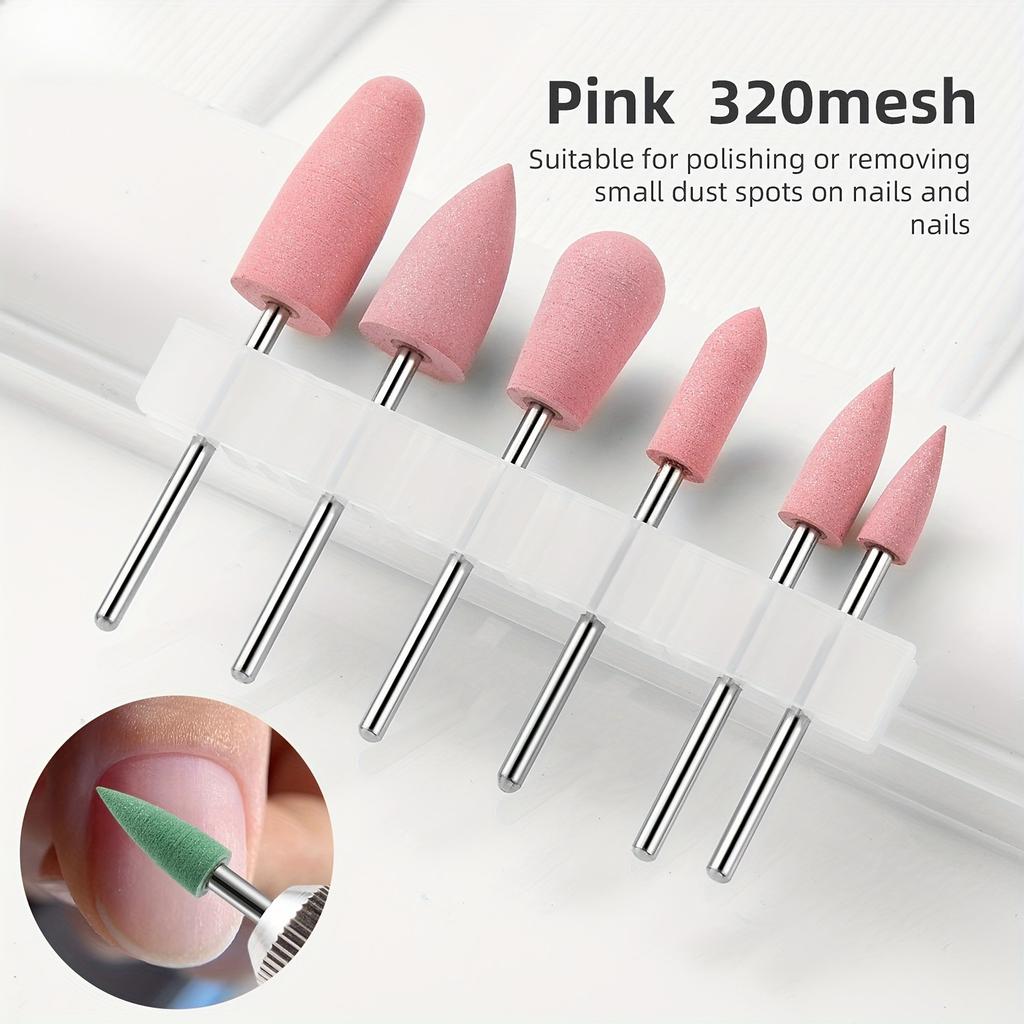 6-Pack Silicone Nail Drill and Polishing Bits for Acrylic Gel Nails, Triangular Tip Burr Remover with Grit Polish