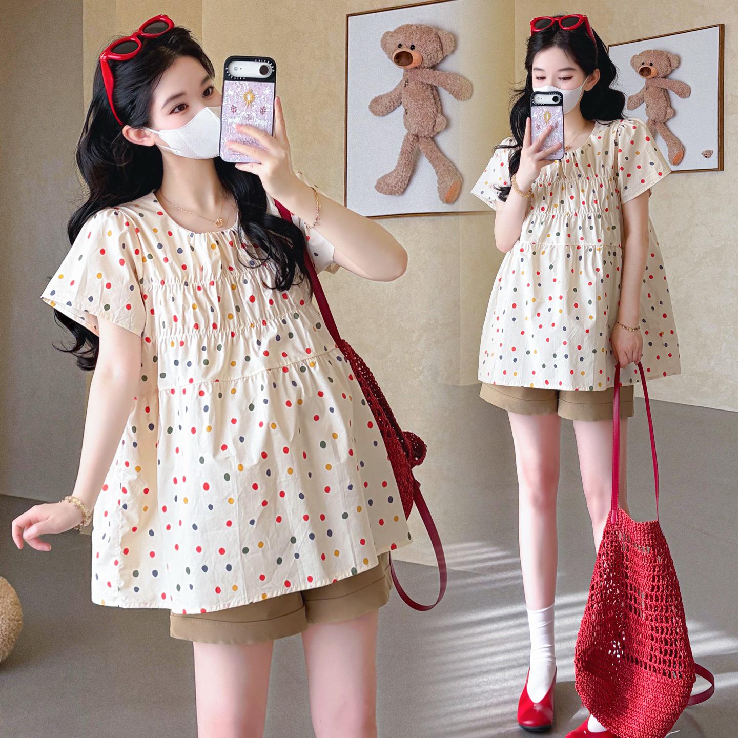 Korean Style Puff Sleeve Polka Dot Summer Doll Top + Maternity Support Shorts M