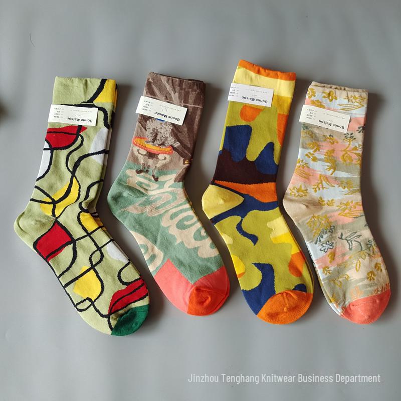 Șosete la modă cu pictură în ulei franceză: Șosete de vițel colorate, cu tub mediu-înalt, de nișă, la modă pentru femei