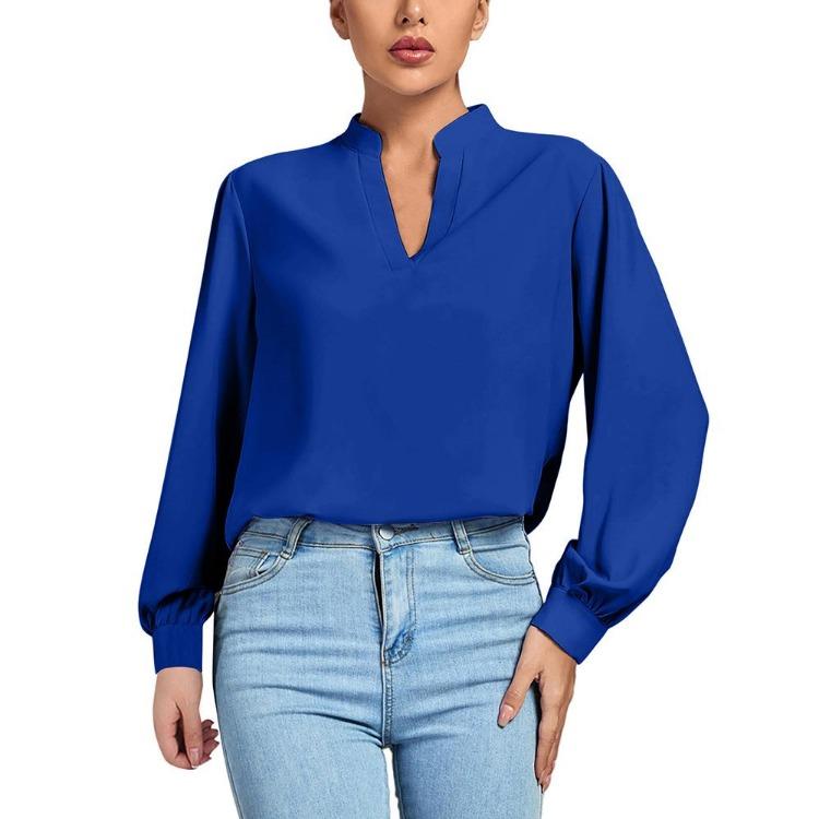 

Women Work Shirt Elegant High Neck Long Sleeve Loose V-neck Top Stylish Soft Breathable Lightweight Pullover Shirt S