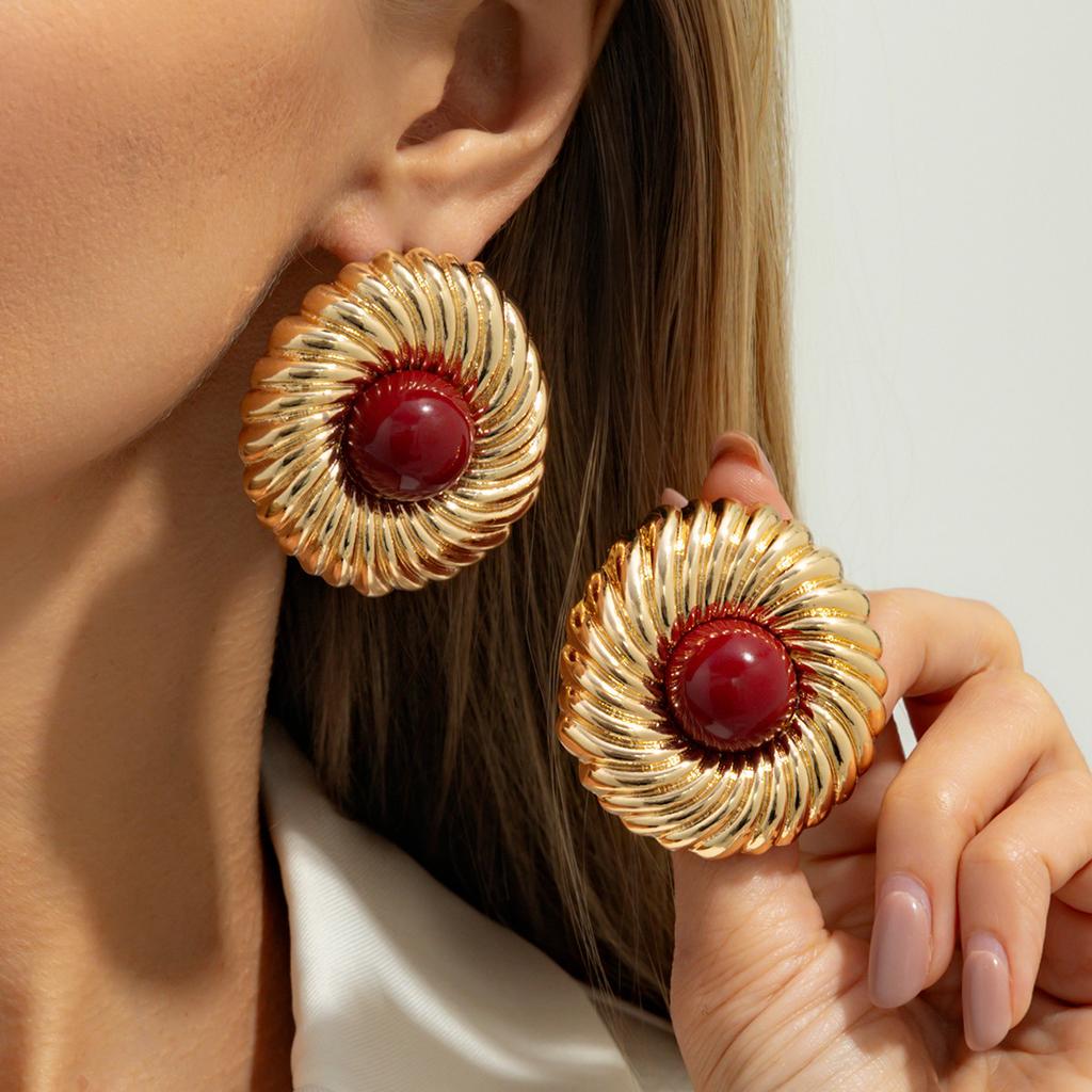 Exaggerated Style Metal Thread Round Stud Earrings, Retro Inlay Smudged Resin Gem Earrings Women