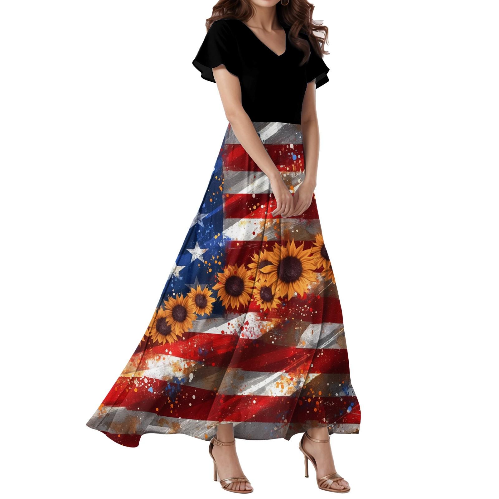 

Women s Loose Casual V-Neck Short Sleeved High Waisted Independent Day Print Dress XL красный