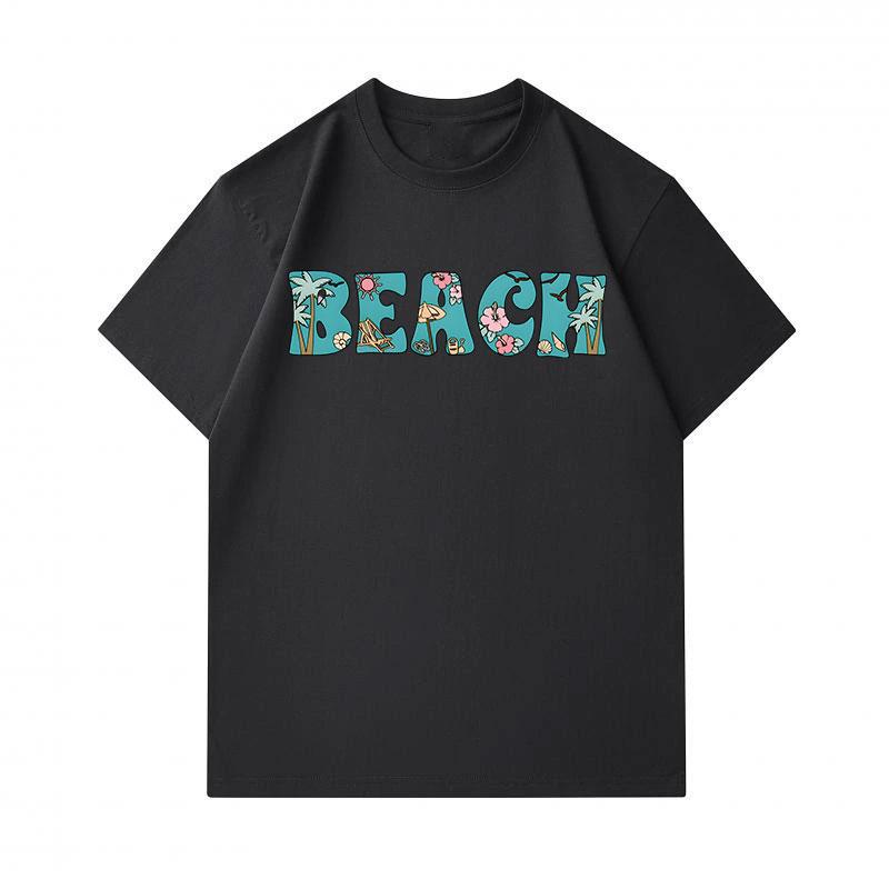 Men's 100% Cotton Crew Neck Short Sleeve T-Shirt, Casual Summer BEACH Letter Print with Palm Tree Sun Flower Pattern Soft Breathable Loose Fit Daily H