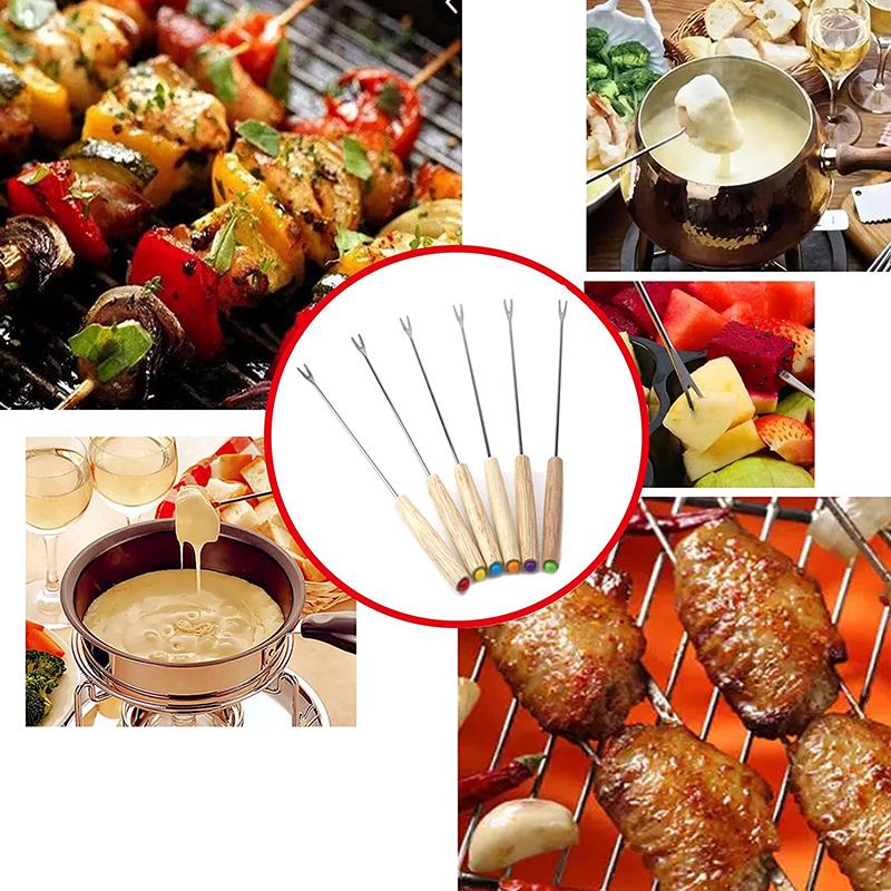Stainless Steel Fondue Forks with Wood Handle,Chocolate Fork,Fruit Dessert,Cheese BBQ Fork Set,Hot Pot Skewer Kitchen Tool,6 Pcs