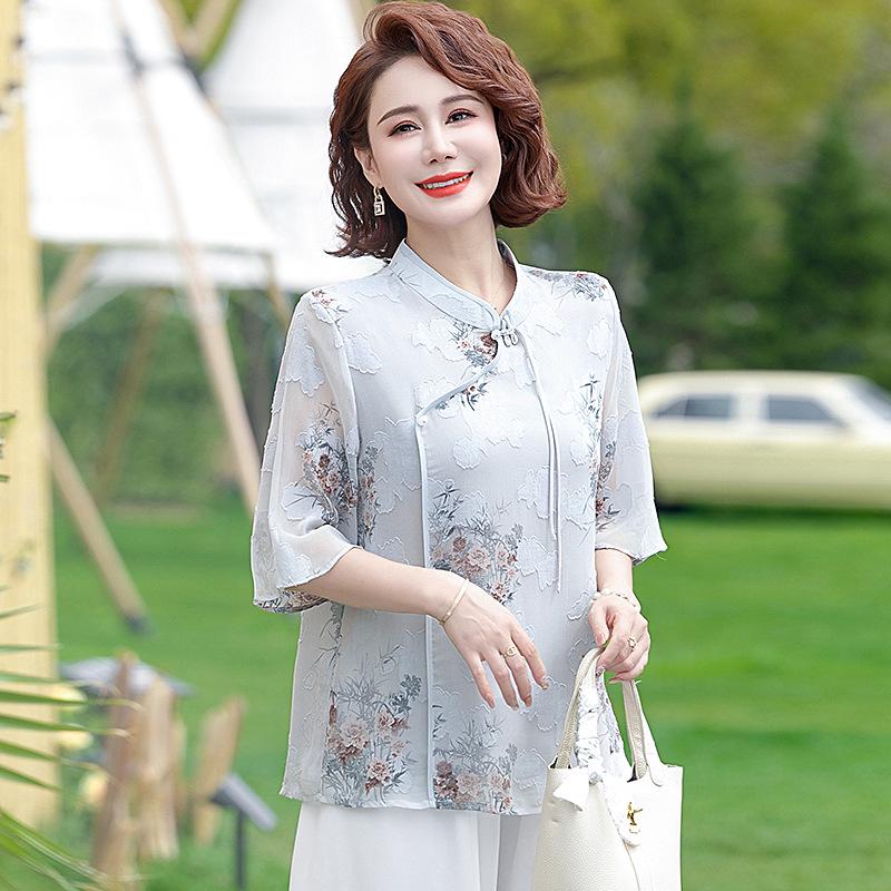 Elegant Chinese-Style Chiffon Blouse for Middle-Aged and Elderly Women - Summer Fashion 4XL (135-150 kg)