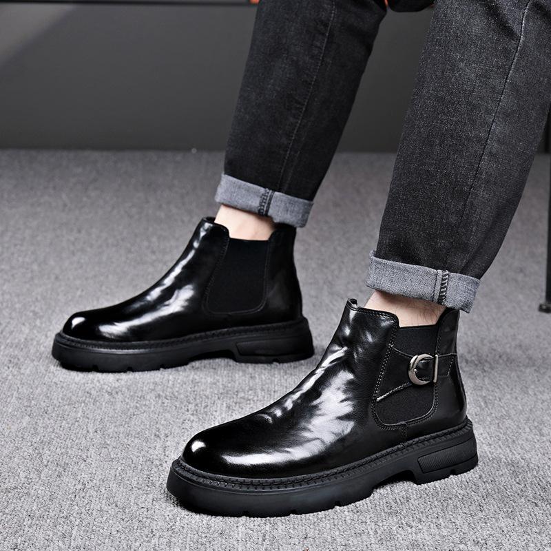 FashionAutumn Winter Ankle Boots for Men Fashion Casual Buckle Designer Black Cow Leather Shoes Man Black Platform Chelsea Boots Male